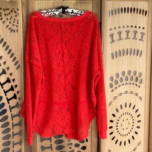 Free People orange/red lace tunic top with a relaxed, oversized silhouette Sz SM